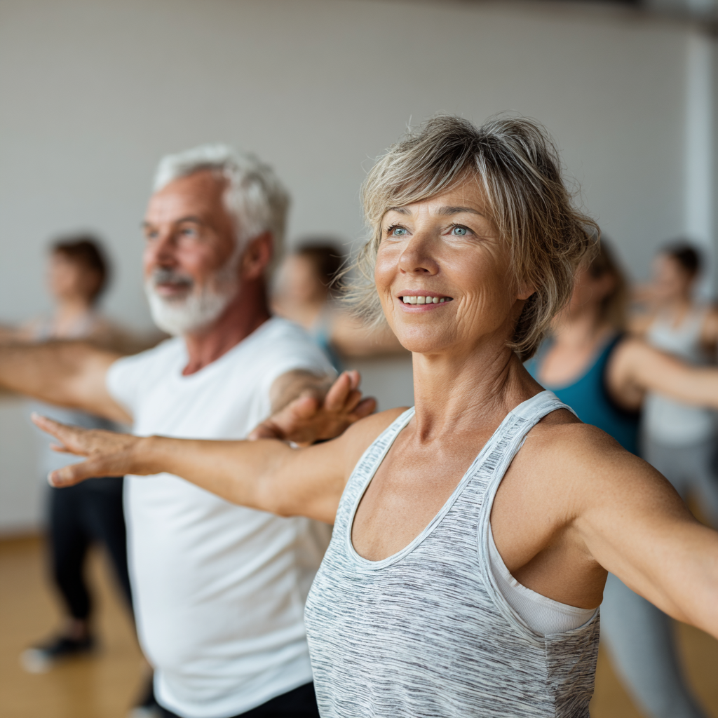 Group of white ukranian middle-aged adults participating in functional fitness class